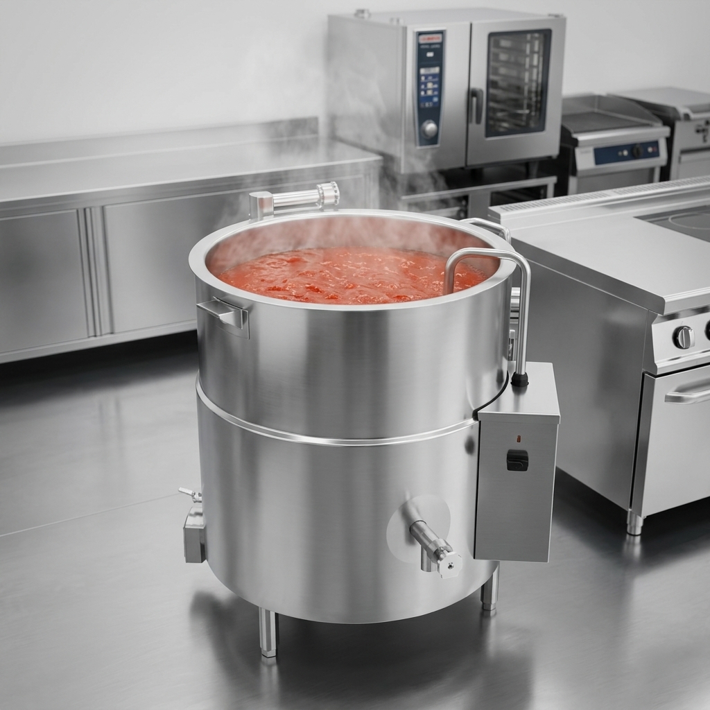 The 2/3 jacketed design of this 60-gallon kettle ensures efficient, even heat distribution, preventing scorching for consistently perfect results.
