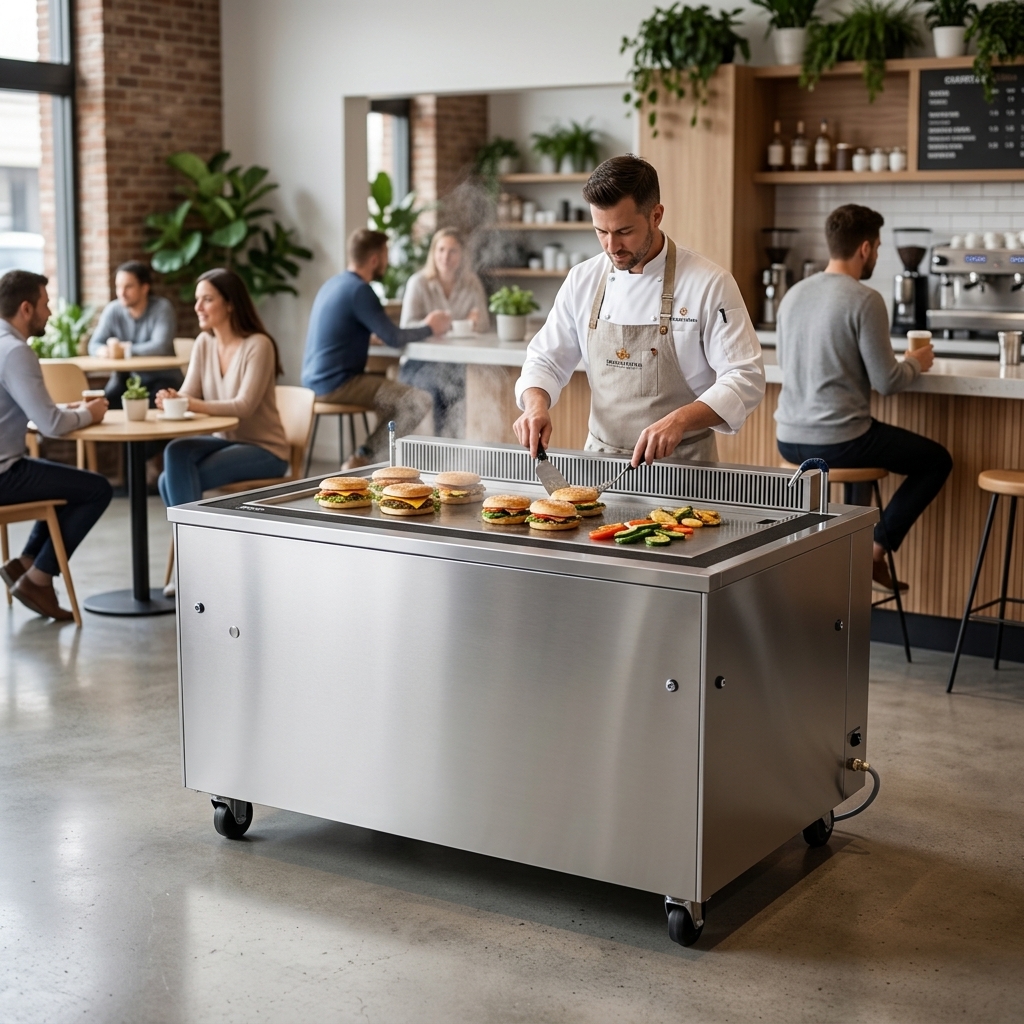 This image showcases the Evo EVent 48E PLUS griddle's self-contained ventless system, perfect for front-of-house cooking without an overhead hood.