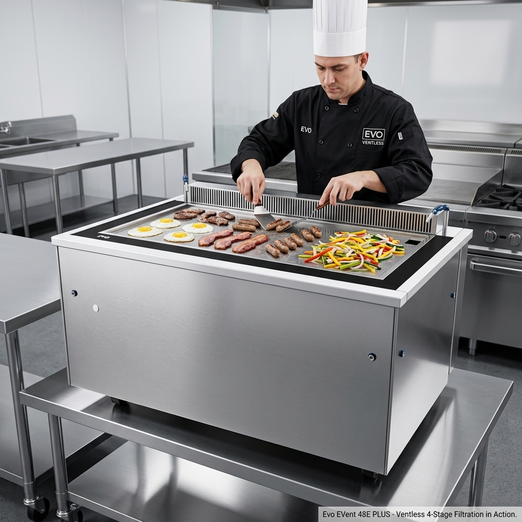 Witness active cooking on the Evo EVent 48E PLUS griddle, where its advanced 4-stage filtration system ensures a remarkably clean and smoke-free kitchen environment.