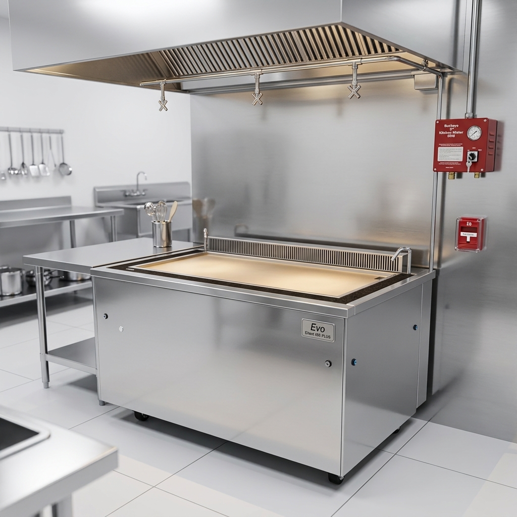 This image highlights the Evo EVent 48E PLUS Electric Ventless Griddle's integrated fire protection system, ensuring kitchen safety with a factory-installed Buckeye
D® Kitchen Mister.