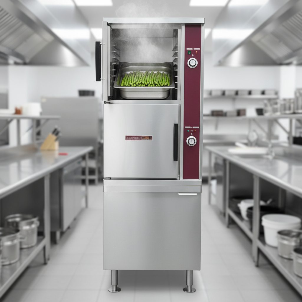 Effortlessly cook multiple dishes at once with the steamer's efficient two-compartment design, perfect for busy commercial kitchens.