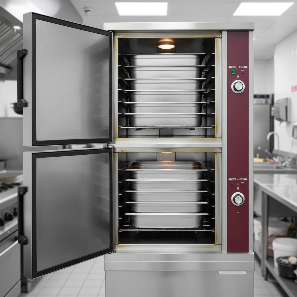 This image showcases the steamer's impressive high pan capacity, holding ten full-size steam table pans across its two compartments.