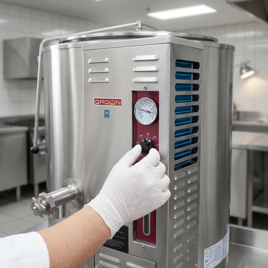 Precisely manage cooking temperatures with the intuitive thermostatic control of this 20-gallon jacketed kettle, ensuring consistent results.