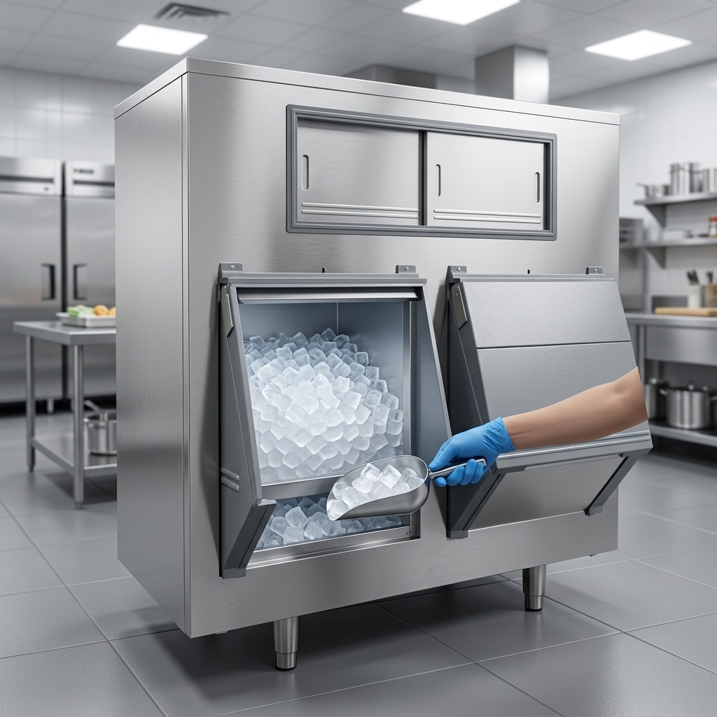 This image showcases the Follett SmartGATE ice bin's First-In, First-Out system, ensuring freshest ice is always dispensed first.