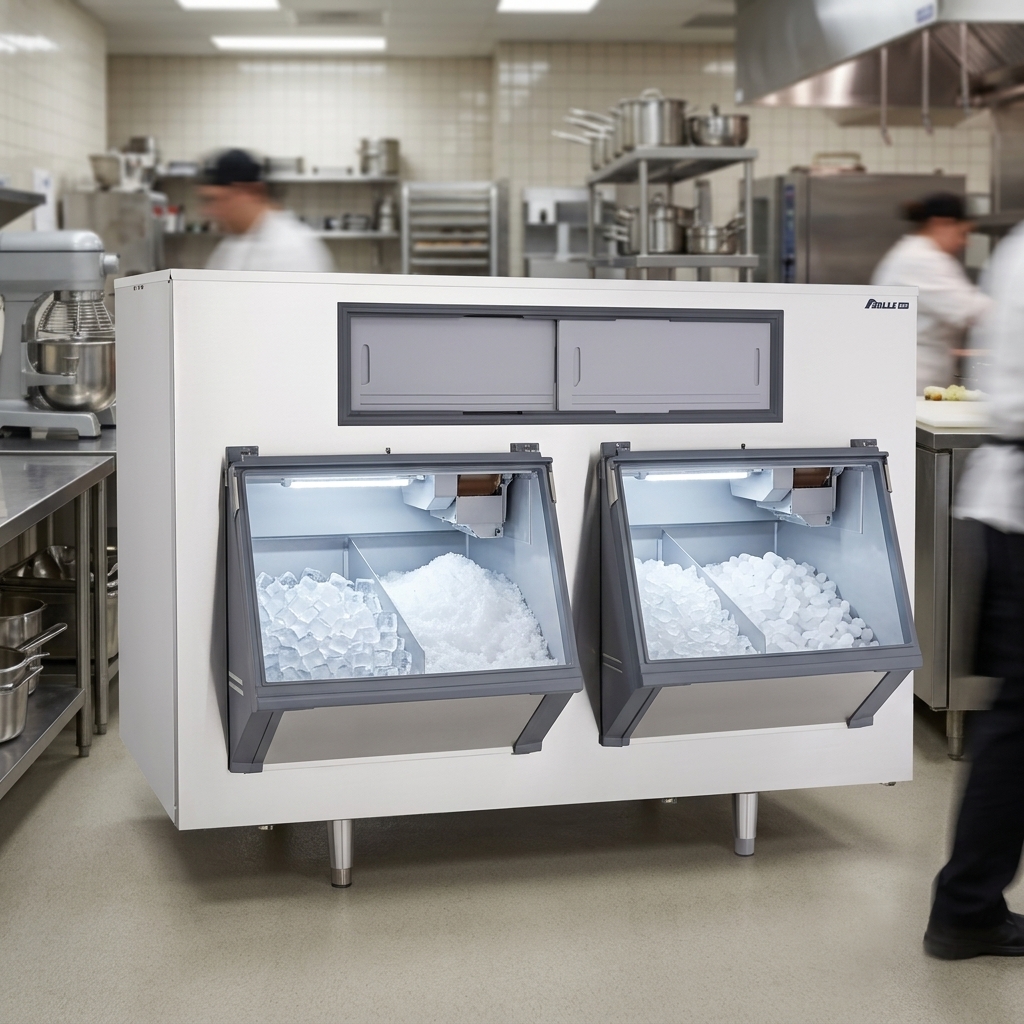 This image showcases the Follett SmartGATE SG2650-72 ice bin's broad compatibility, storing cube, flake, and Chewblet ice efficiently.