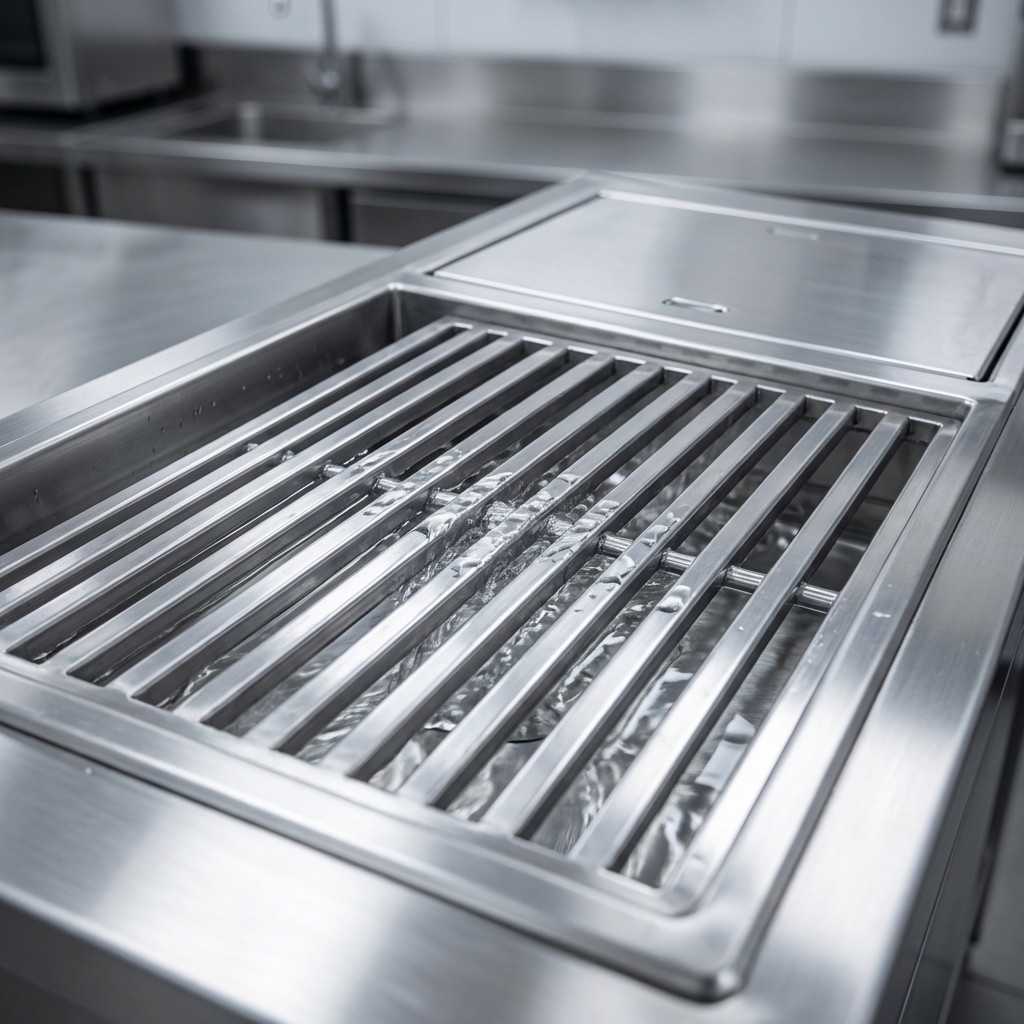 This image highlights the robust, easy-to-clean stainless steel subway-style grating, ensuring efficient water flow in the trough system.