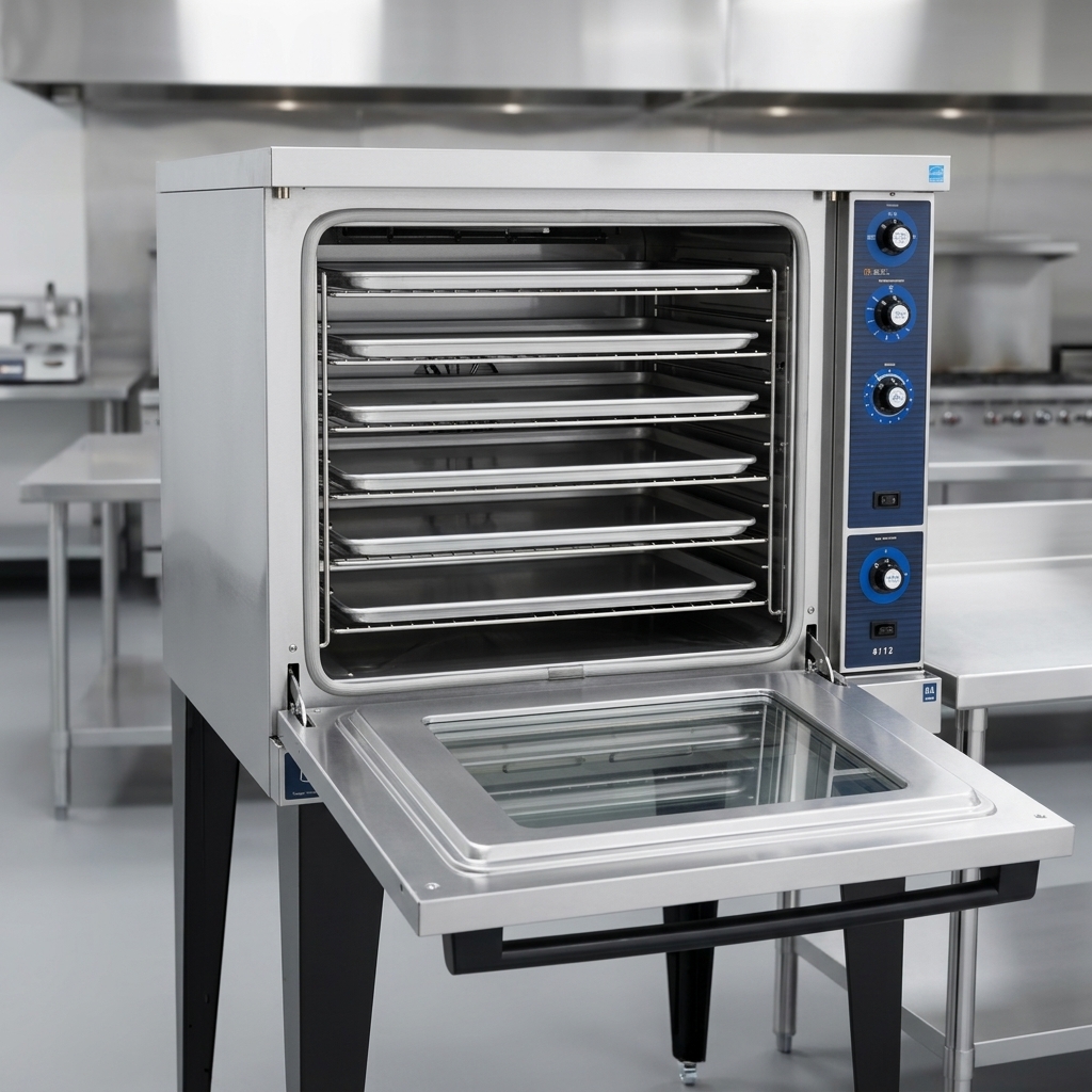 Showcasing its generous capacity, this convection oven easily accommodates six full-size pans across multiple rack positions for diverse cooking applications.