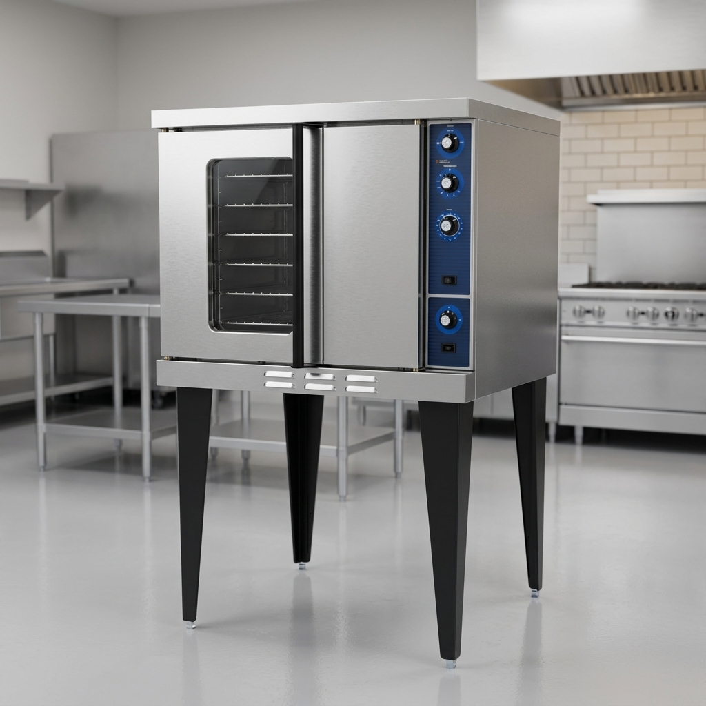 Showcasing its gleaming stainless steel construction, this single-deck gas convection oven offers exceptional durability for demanding commercial use.