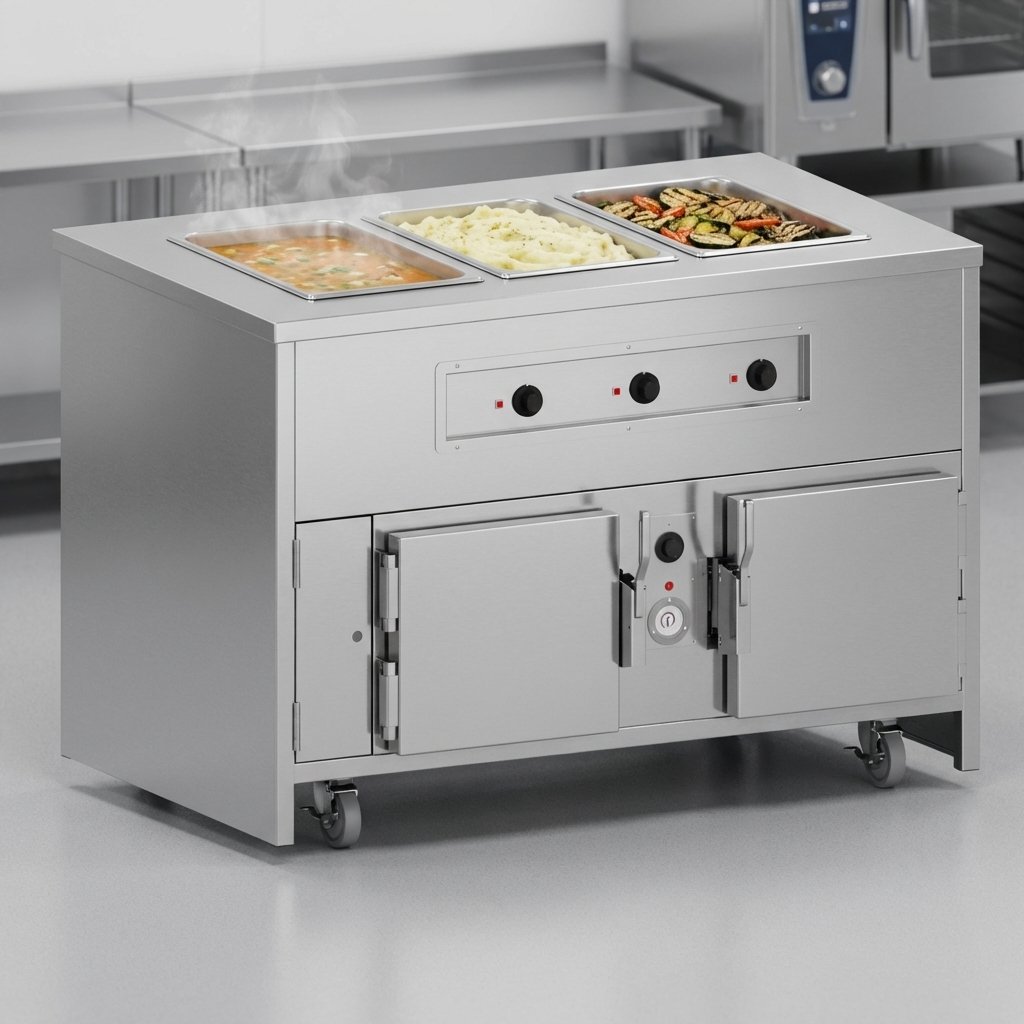 This image highlights the unit's three distinct hot food wells, designed to accommodate a wide range of hot dishes for any service style.