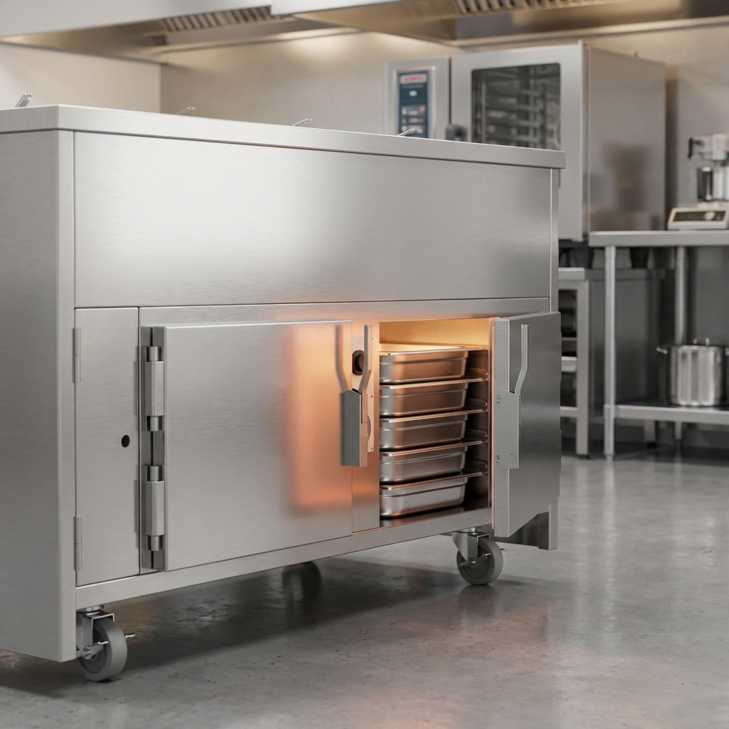 Maintain optimal food temperatures and organized storage with the mobile unit's spacious enclosed heated cabinet base.