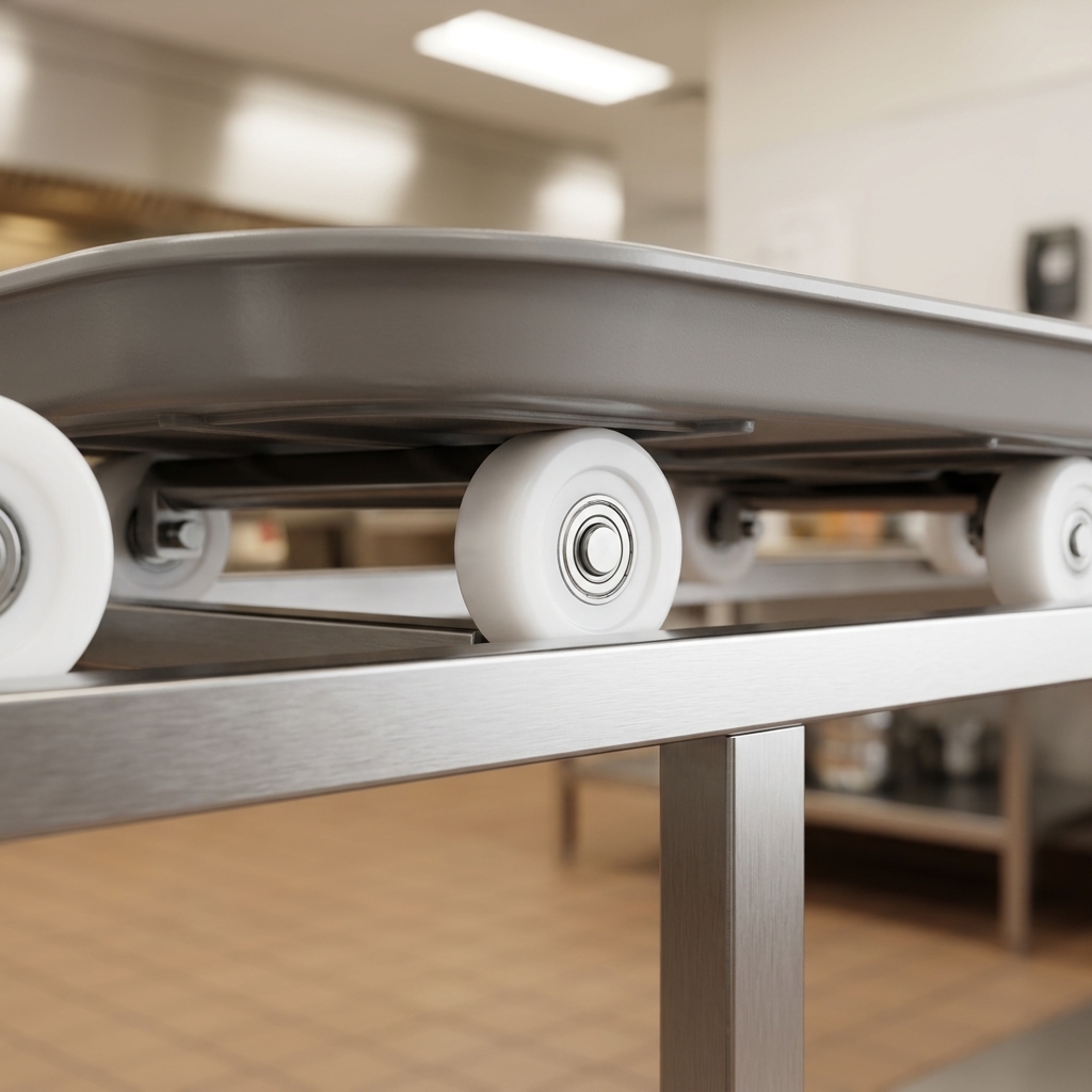 Experience the smooth, efficient movement of trays along the conveyor line, powered by durable 2-inch nylon skate wheels.