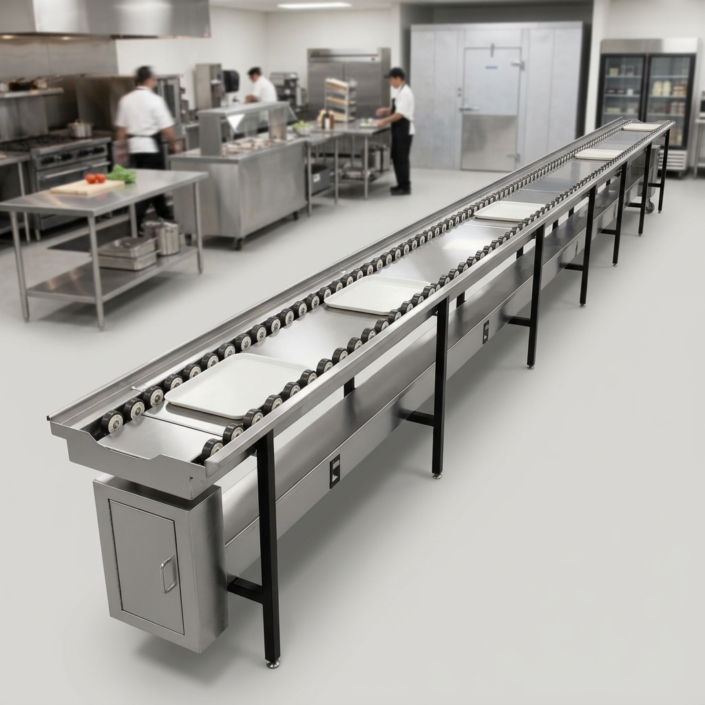 Witness the impressive 20-foot length of this stainless steel skate wheel conveyor, offering expansive space for efficient tray make-up operations.