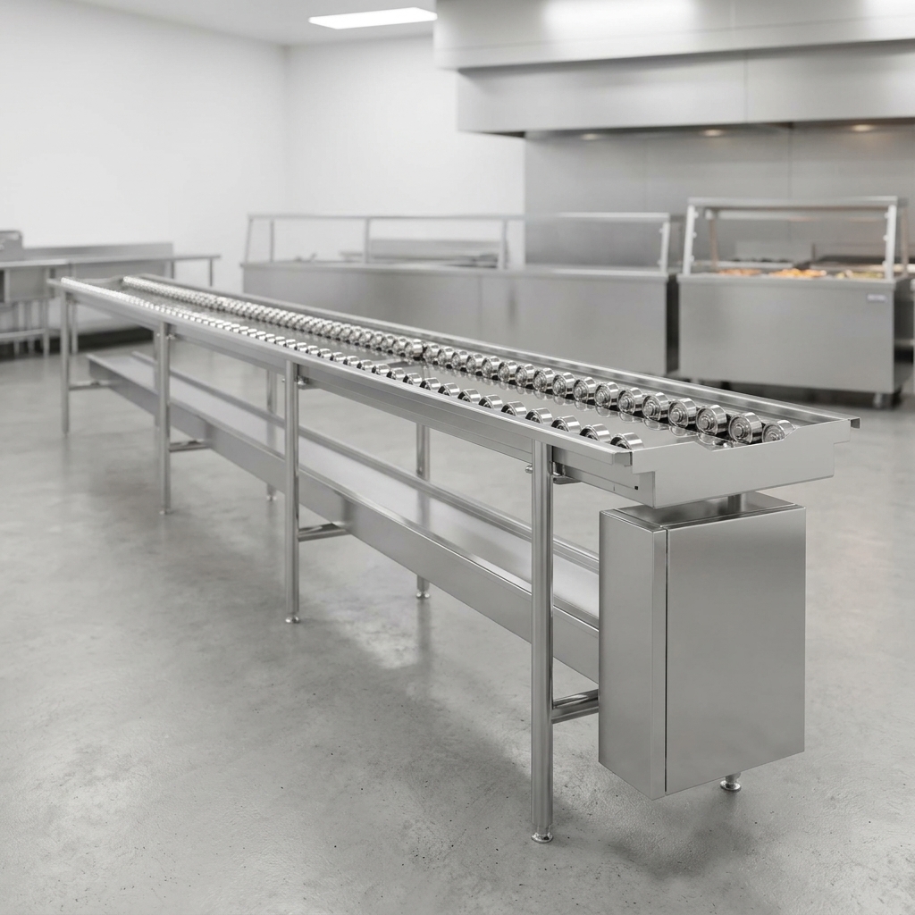 The conveyor's durable stainless steel construction ensures superior hygiene and easy cleaning in any busy commercial food service setting.