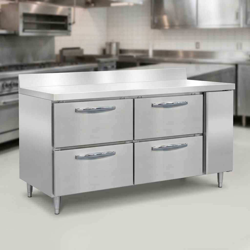 This image highlights the worktop freezer's robust heavy gauge stainless steel construction, built for durability and easy cleaning in any commercial kitchen.