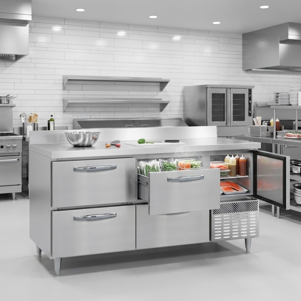 This worktop freezer features an environmentally safe R-290 refrigeration system, providing efficient and responsible cooling.