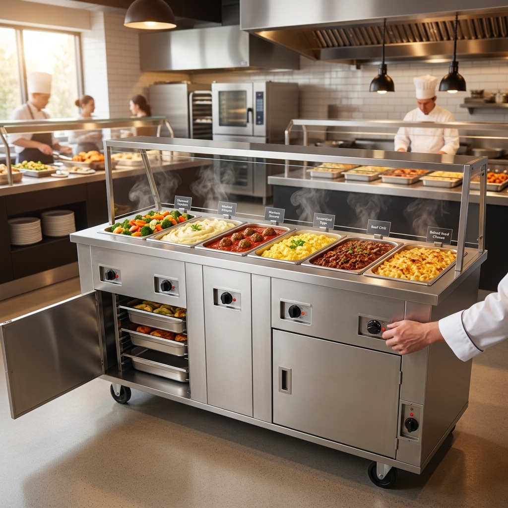 This image showcases a 6-well electric hot food serving counter, featuring six individually heated wells for precise temperature control of diverse dishes.