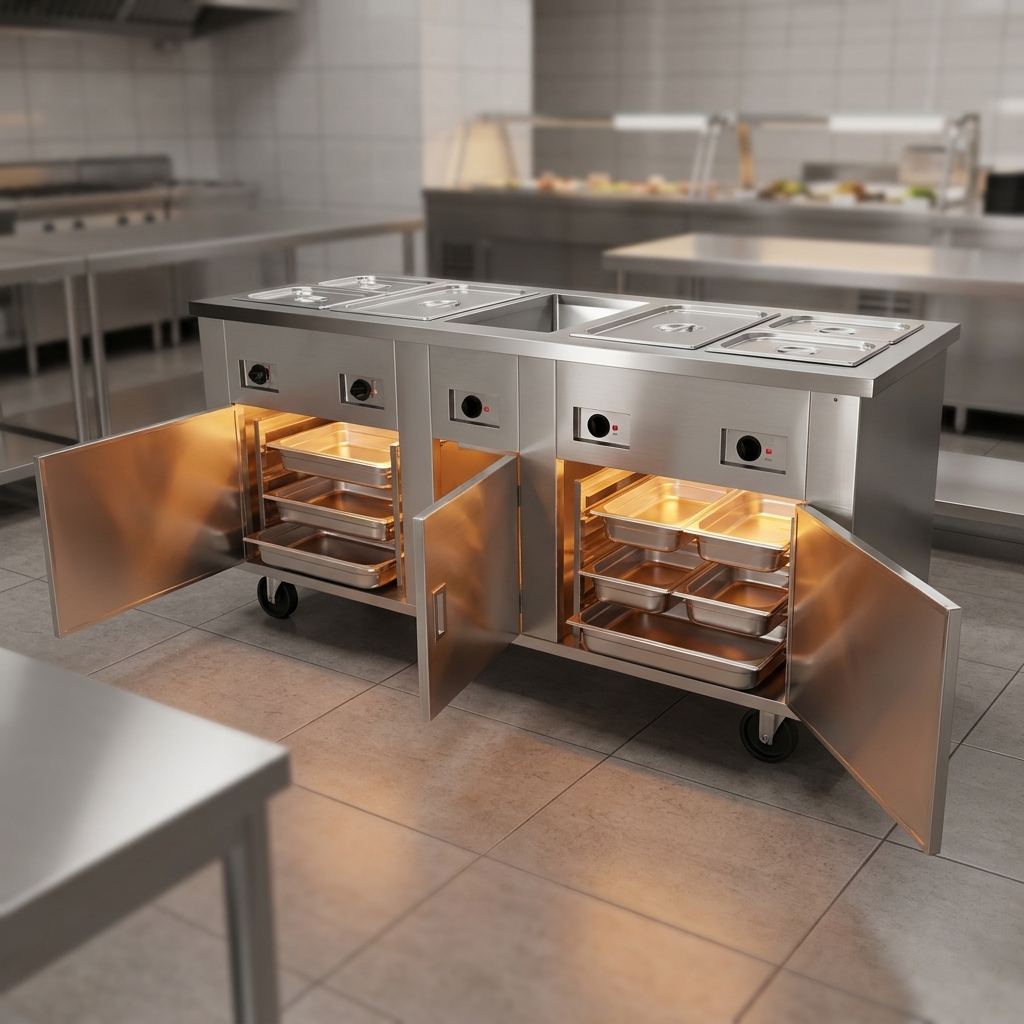 Showcasing the efficient heated storage base, this serving counter keeps prepared foods and extra pans warm and readily accessible.