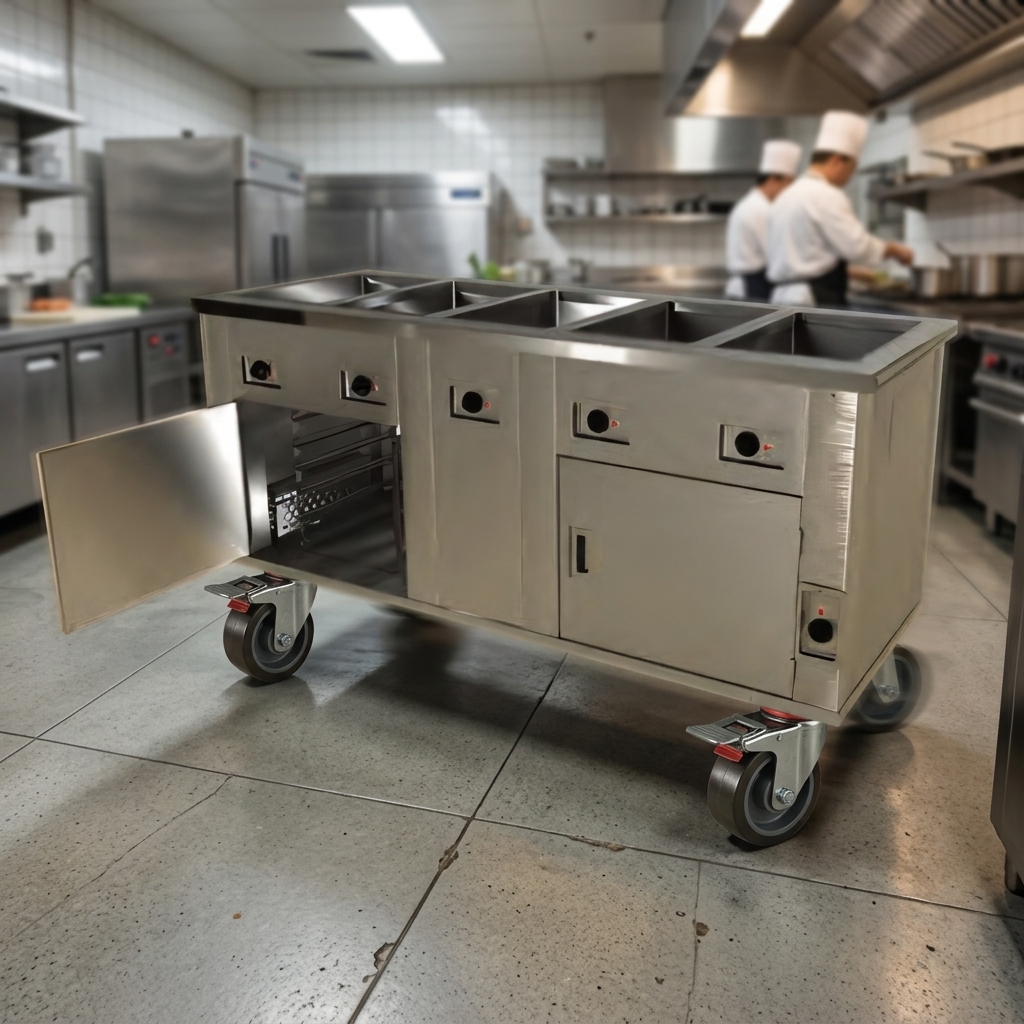 Effortlessly transport and securely position your hot food serving counter with its heavy-duty mobile design and locking casters.