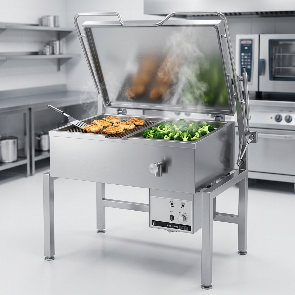 Observe the Skittle SKGL3-5 Multi-Function Gas Cooker effortlessly grilling chicken while steaming vegetables simultaneously, demonstrating its extensive cooking versatility.