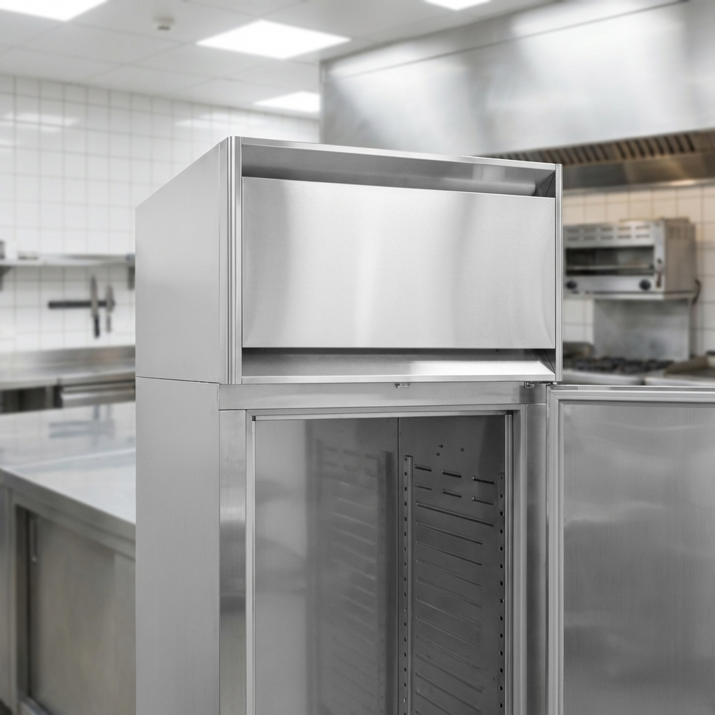 This image highlights the freezer's efficient, self-contained R-290 top-mounted refrigeration system, ensuring easy maintenance and reliable performance.