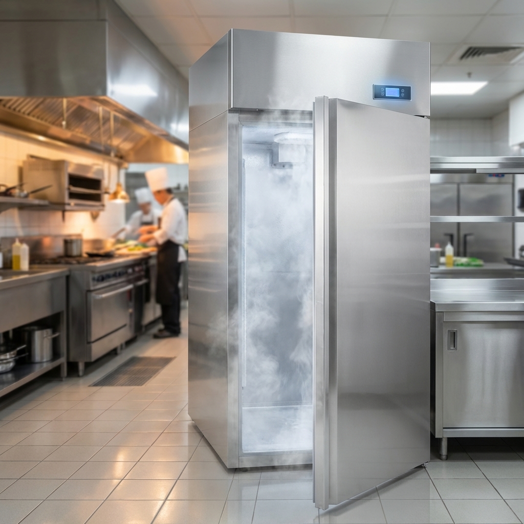 This image showcases the roll-in freezer's powerful and consistent optimal temperature range, keeping contents deeply frozen even in a warm commercial kitchen.