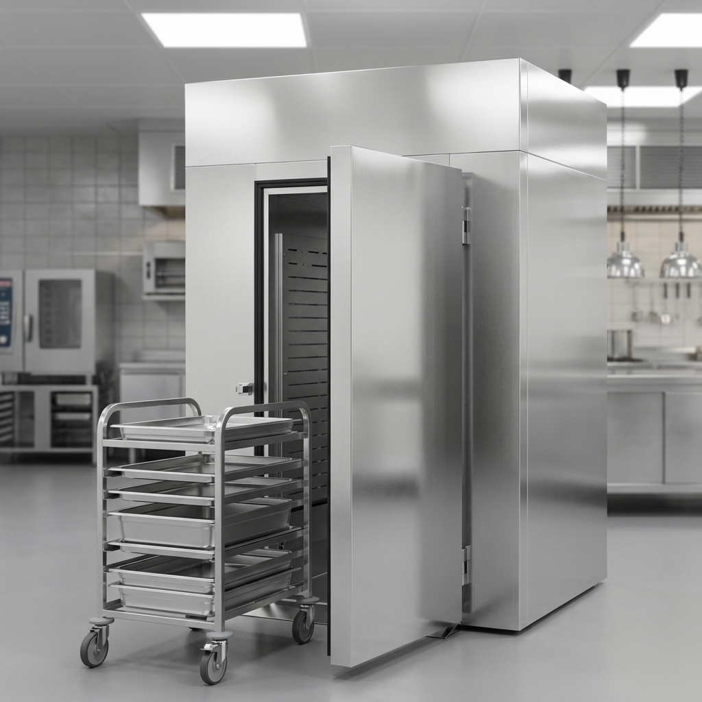 Experience the exceptional durability and temperature retention of this roll-in freezer, showcasing its robust cabinet construction and thick insulated doors.