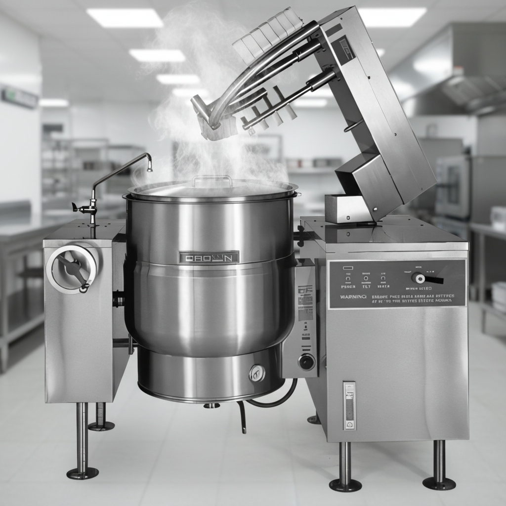 This electric tilting mixer kettle efficiently cooks with its integrated self-generating steam, eliminating the need for external steam lines.