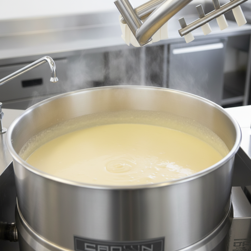 Experience perfectly even cooking and scorch-free results for delicate products with the 60-gallon tilting mixer kettle's efficient 2/3 steam jacket.