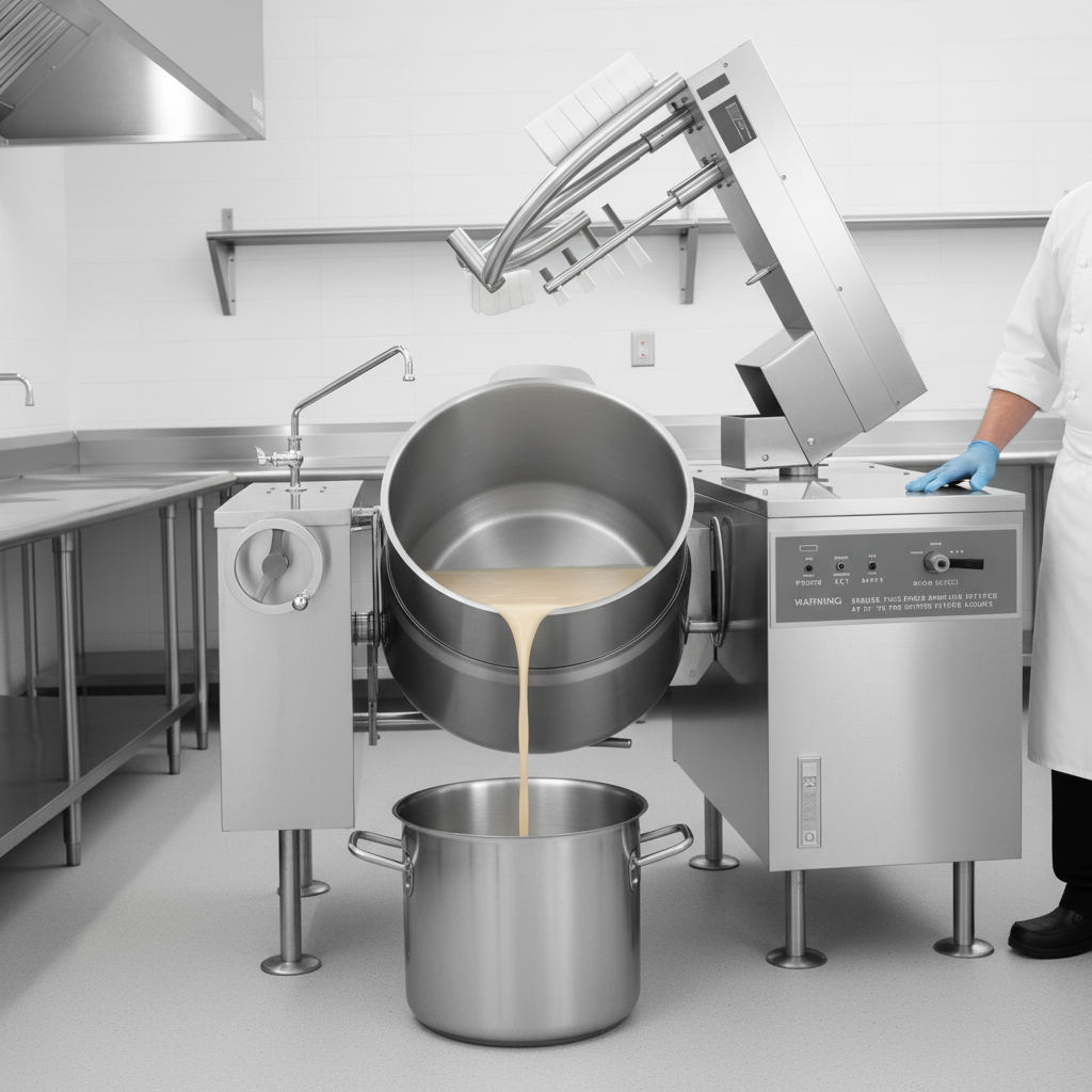 Experience precise and safe dispensing with the self-locking tilt mechanism of this 60-gallon electric mixer kettle.