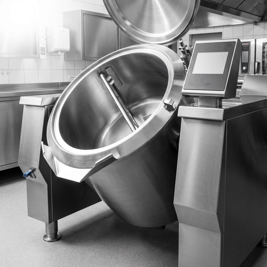 This image showcases the exceptional durability of the kettle's heavy-duty stainless steel construction, designed for rigorous commercial use.