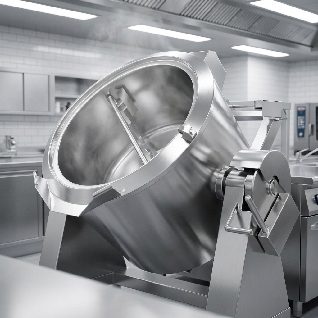 This image beautifully demonstrates the electric tilting mechanism of the 122-gallon kettle, ensuring effortless emptying and cleaning.