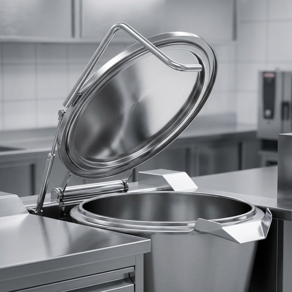 Experience effortless operation with the tilting kettle's robust, insulated double-cover lid and ergonomic handle.