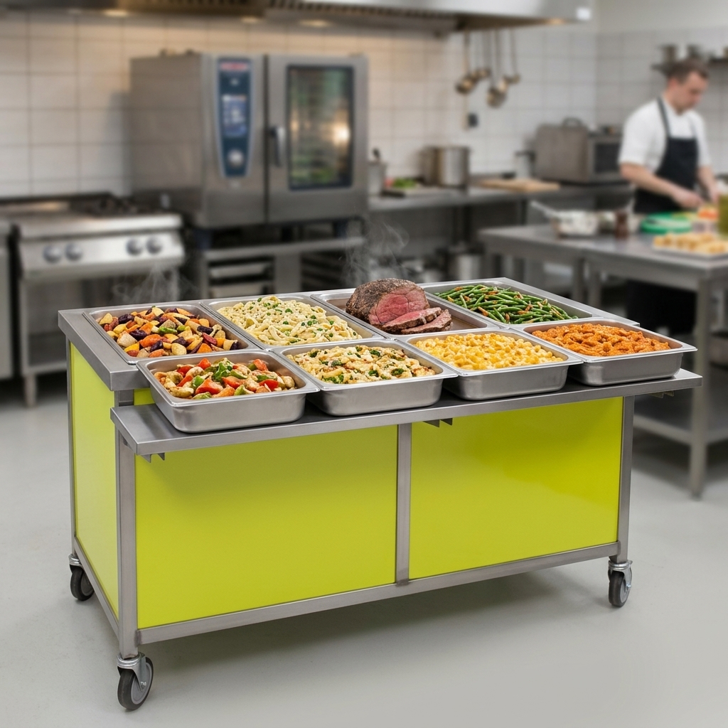 This image showcases the mobile hot food table's impressive capacity, perfectly accommodating six full-size 12" x 20" food pans.