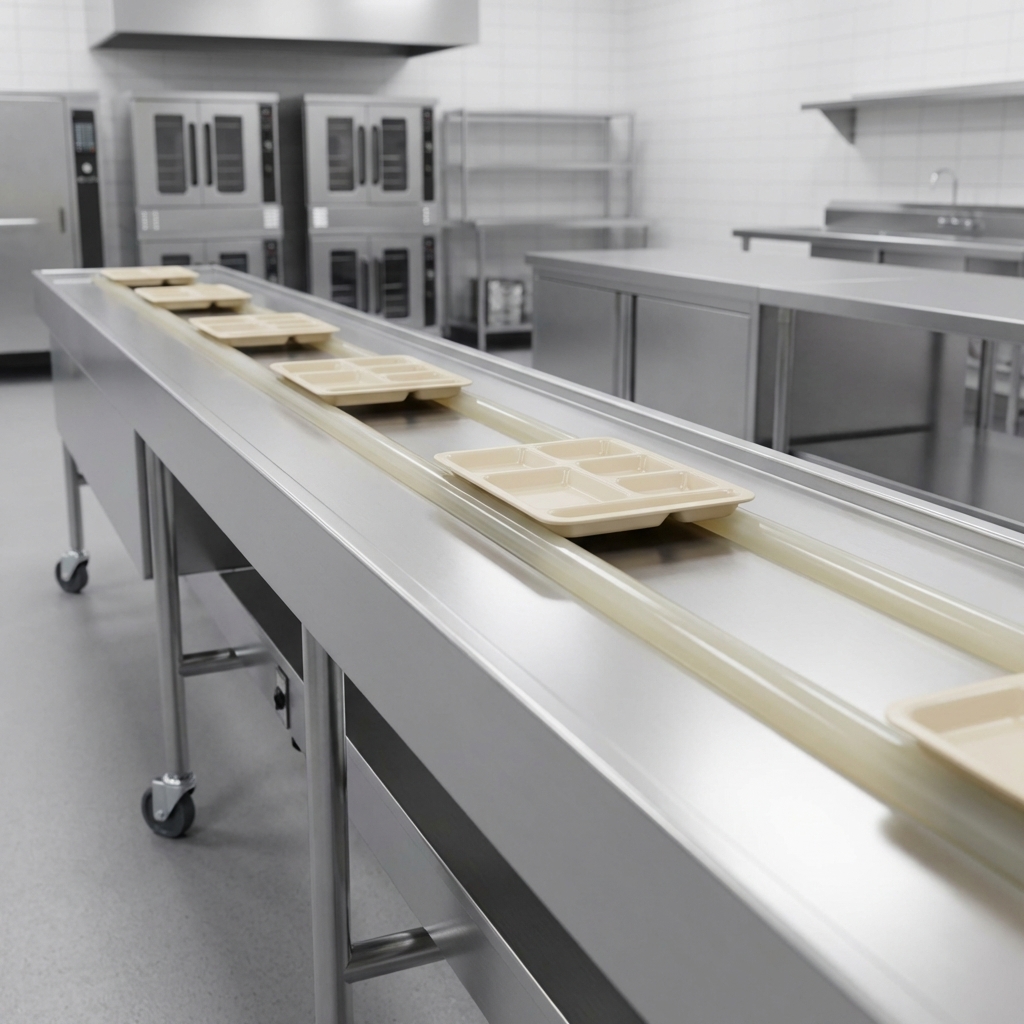 Dual urethane band belts provide a smooth and reliable surface for gentle, efficient tray make-up.