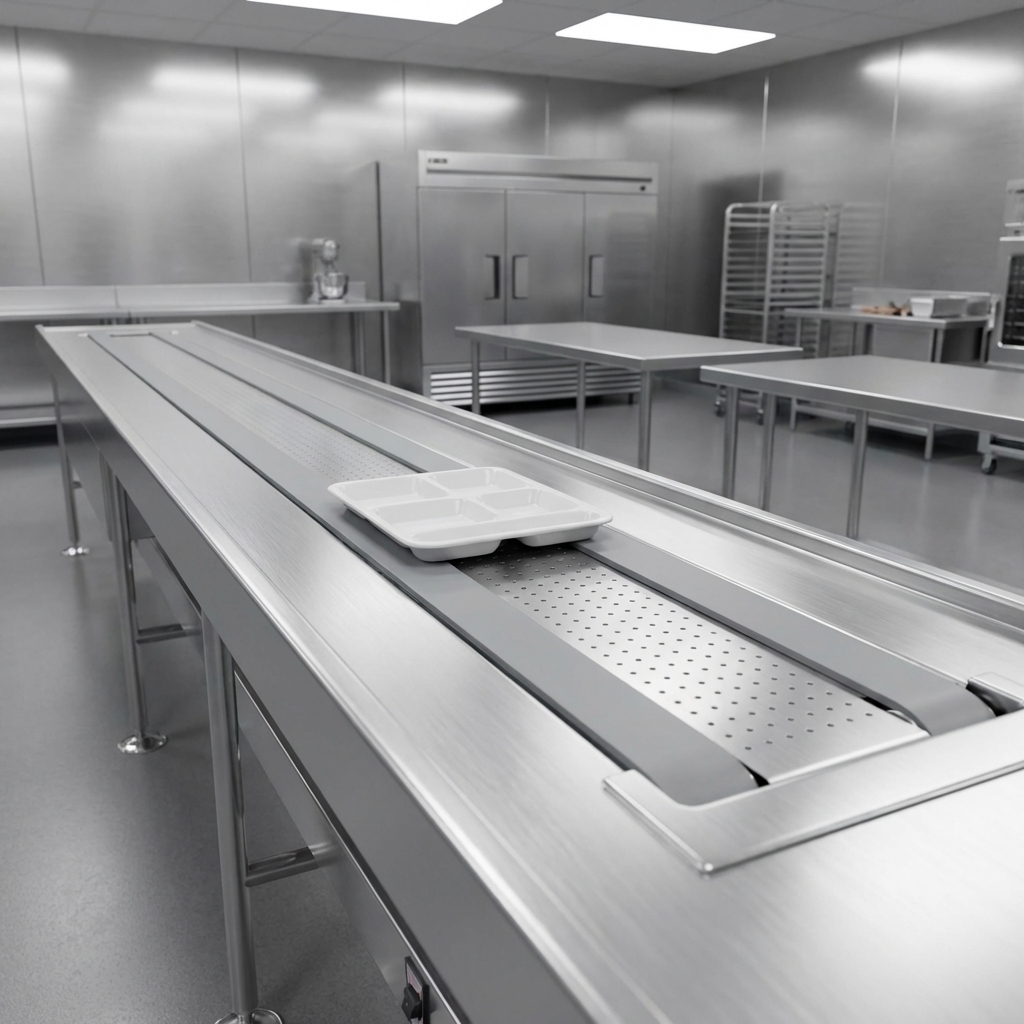 Observe how the integrated Air Glide slider pan ensures trays move effortlessly along this dual urethane band belt conveyor, enhancing operational fluidity.