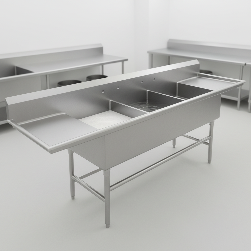 Streamline your kitchen operations with the three large, deep sink compartments of this stainless steel sink, designed for efficient high-volume warewashing.