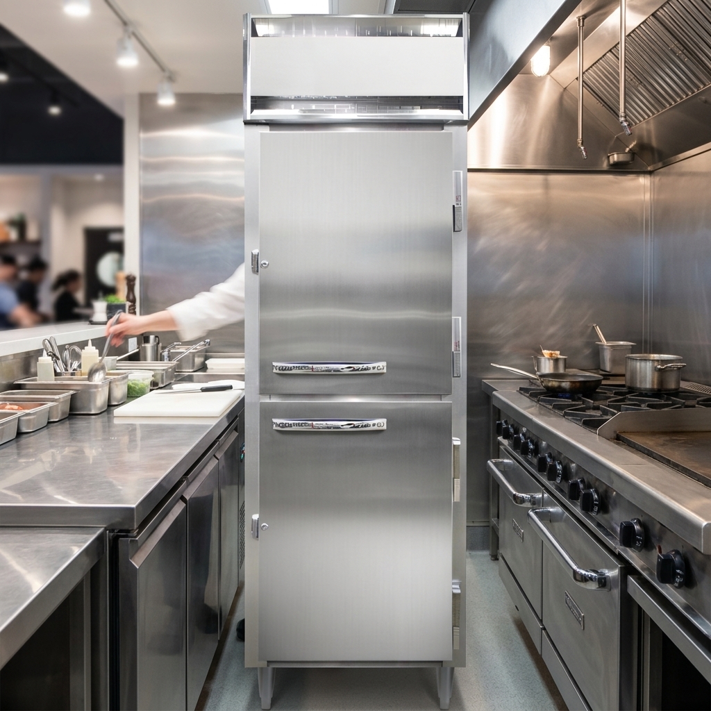 This image beautifully demonstrates the freezer's standard depth cabinet, designed to integrate seamlessly into any commercial kitchen layout.