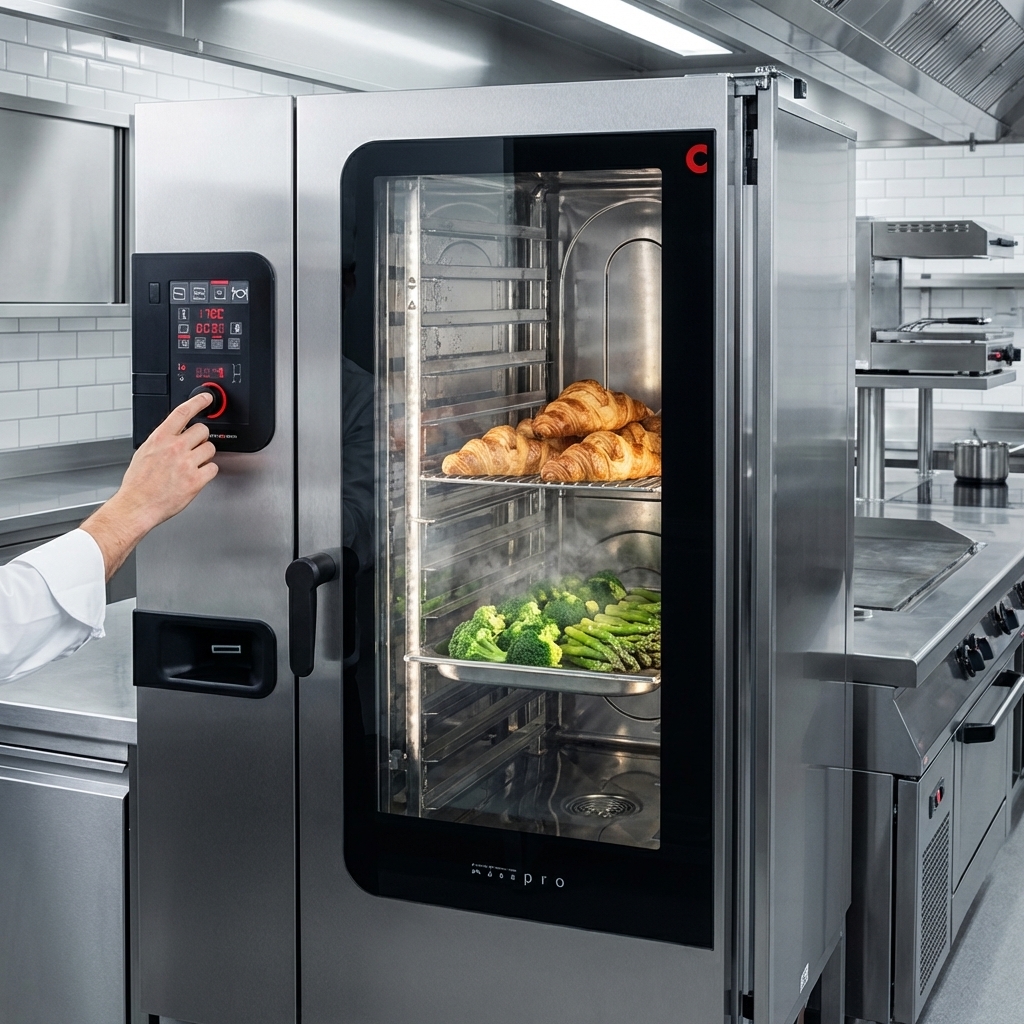 Witness the Convotherm combi oven's Advanced Closed System+ expertly managing simultaneous steaming and crisping for diverse culinary results.