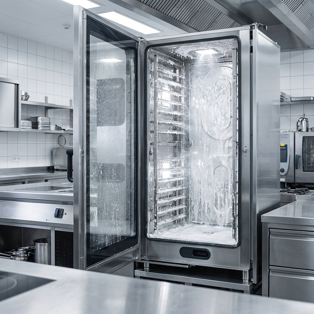 Experience the Convotherm combi oven's ConvoClean+ fully automatic cleaning system ensuring effortless hygiene with every cycle.