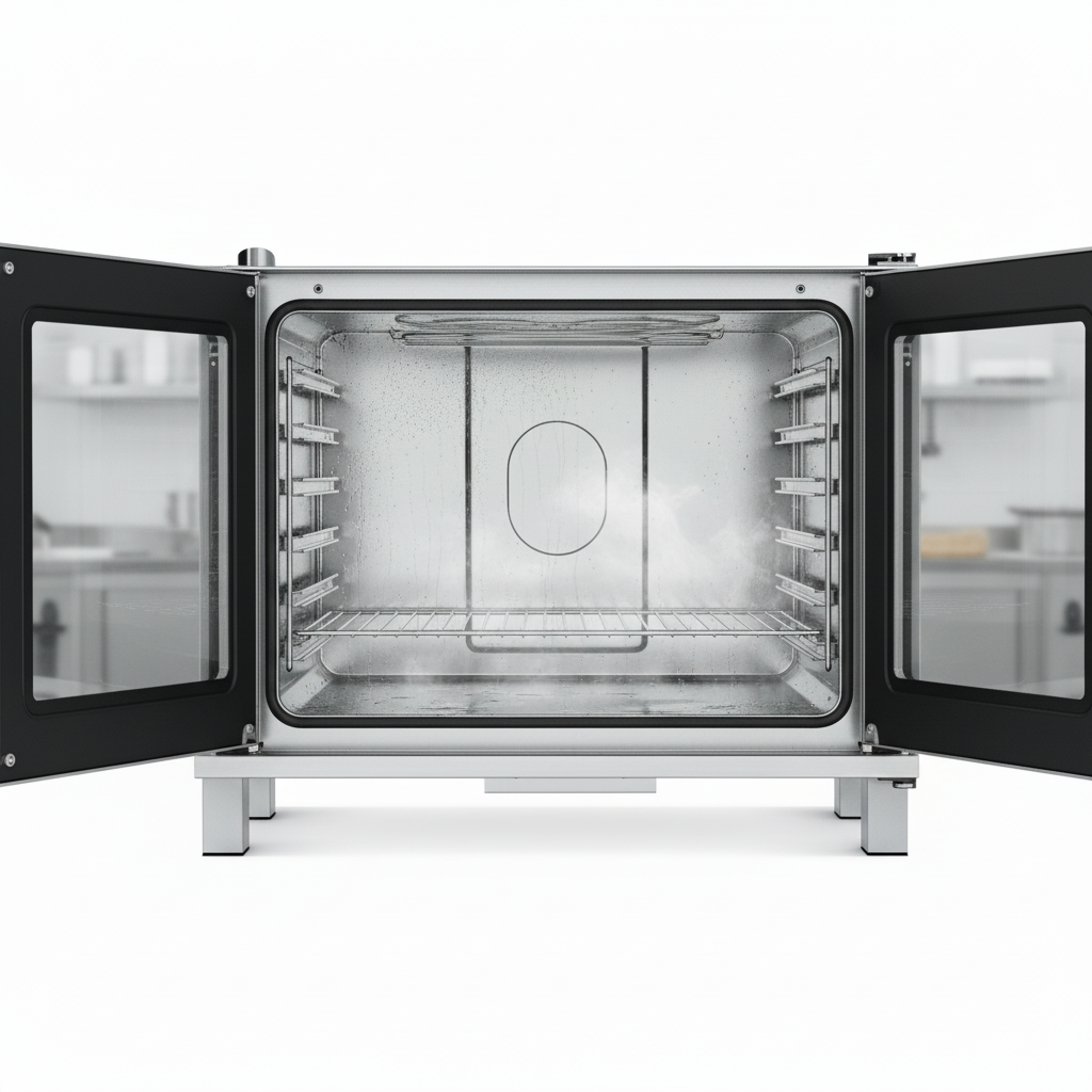Witness the spotless interior of the combi oven, effortlessly maintained by the ConvoClean+ fully automatic cleaning system.