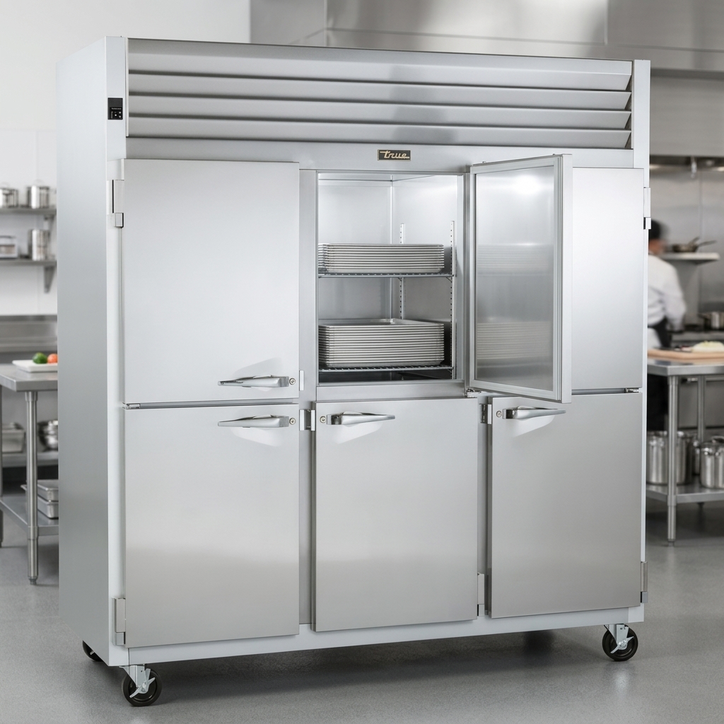 Discover expansive storage with this three-section freezer, designed with an external evaporator coil for maximized interior space that perfectly fits 18" x 26" sheet pans.