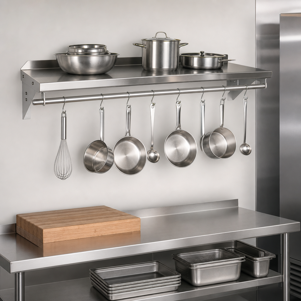 Single-Bar Wall Shelf with Pot Rack