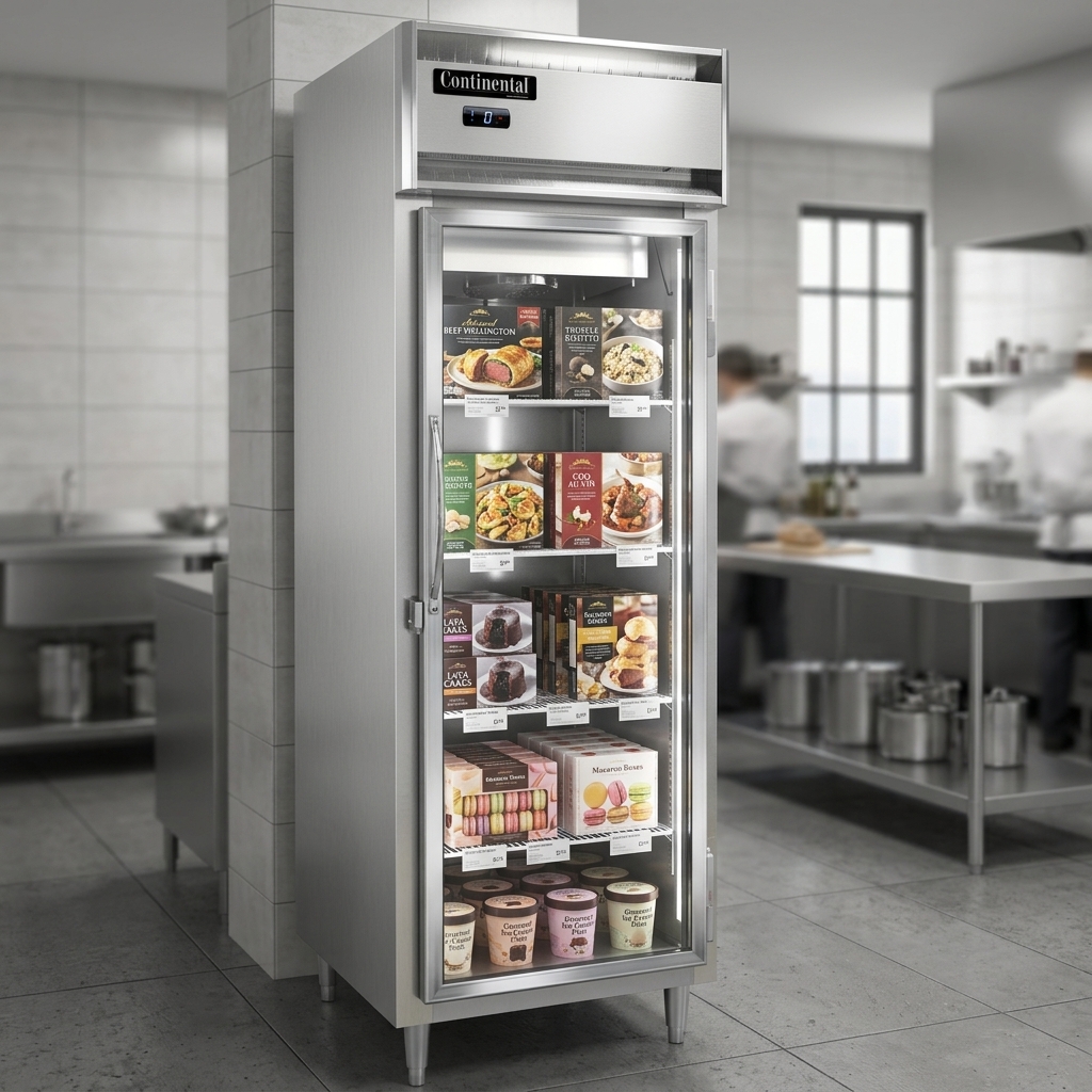 Showcasing the full-height glass door, this freezer provides exceptional visibility for easy inventory checks and attractive product display.