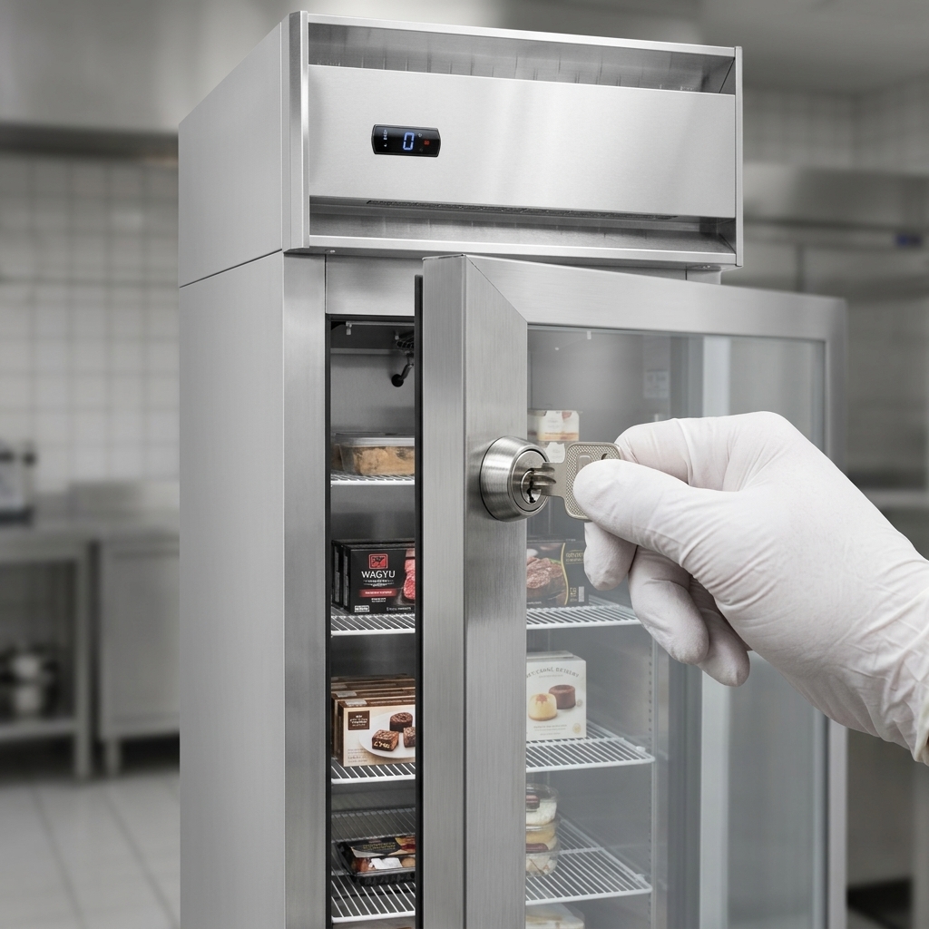 Secure your valuable inventory with the integrated cylinder lock on this stylish one-section reach-in glass door freezer.