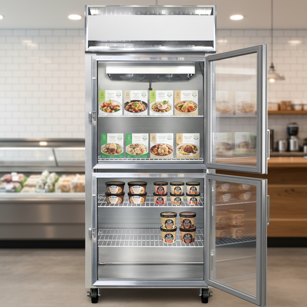This sleek display freezer showcases its clear half-hinged glass doors and efficient design, powered by environmentally safe natural refrigerant.