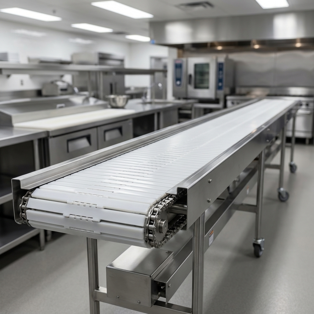 Showcasing the conveyor's durable, low-friction Lexan plastic slat belt, engineered for robust and efficient operation in any commercial setting.