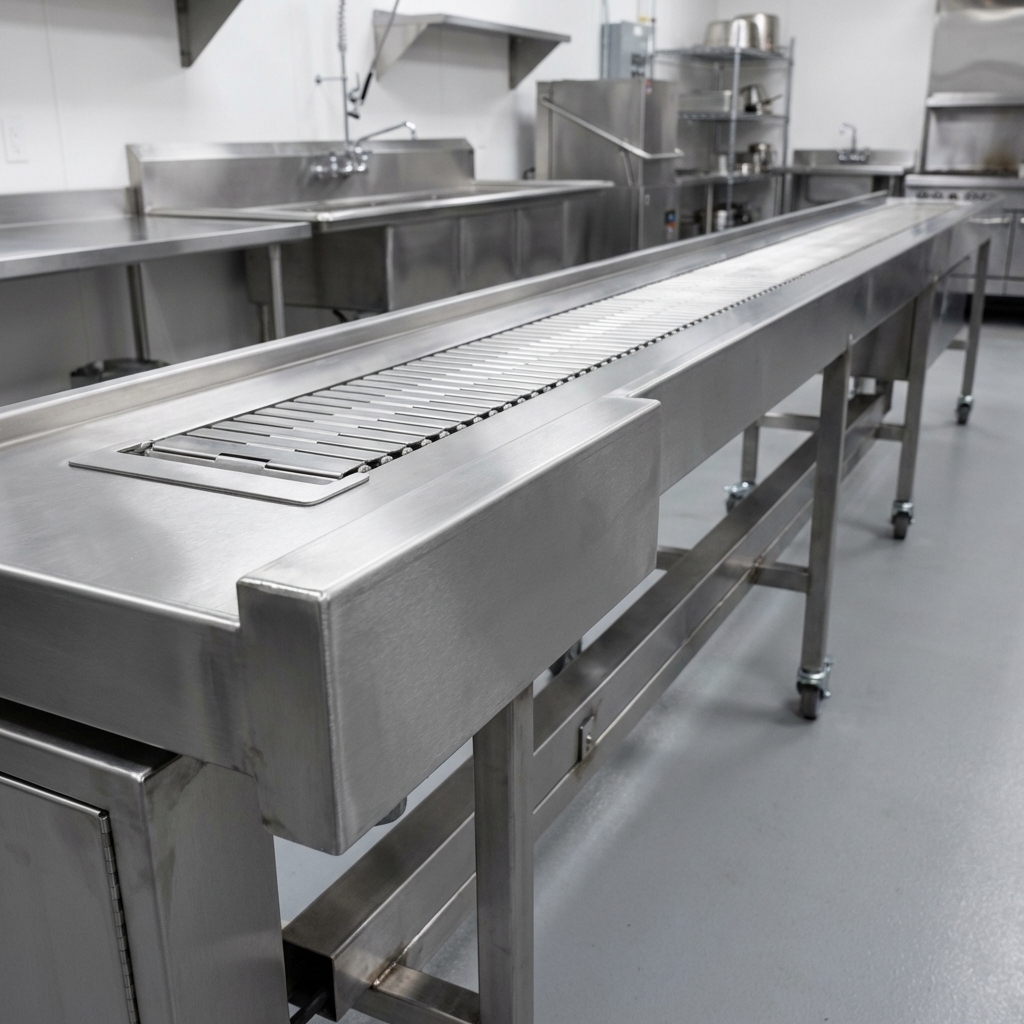 This image highlights the conveyor's heavy-duty stainless steel construction, ensuring exceptional durability and stability for rigorous commercial use.