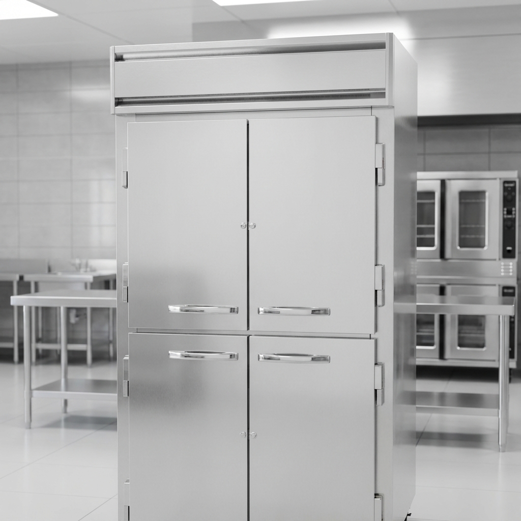 Observe the pristine design of this high-efficiency reach-in freezer, signifying its use of environmentally safe natural refrigerant.