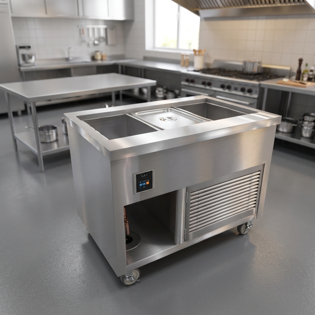 Examine the robust 16-gauge stainless steel top of this mobile cold food well, designed for superior durability and effortless cleaning in any commercial kitchen.