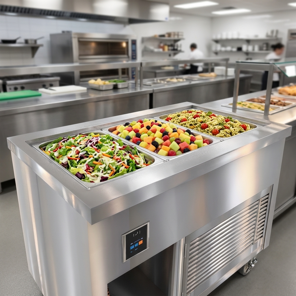 This image highlights the NSF 7 certified, 8-inch deep stainless steel cold pan liner, expertly maintaining fresh food temperatures in any commercial setting.